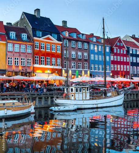 Nyhavn illuminated at night, Copenhagen
