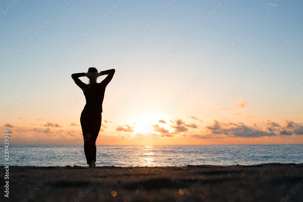 silhouette of woman looking at setting sun by sea shore