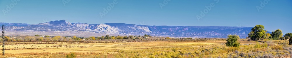Panorama Landscapes views from Road to Flaming Gorge National Recreation Area and Reservoir driving north from Vernal on US Highway 191, in the Uinta Basin Mountain Range of Utah United States, USA Panorama Landscapes views from Road to Flaming Gorge National Recreation Area and Reservoir driving north from Vernal on US Highway 191, in the Uinta Basin Mountain Range of Utah United States, USA