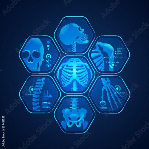 concept of science technology advancement, graphic of body scan with skeleton x-ray