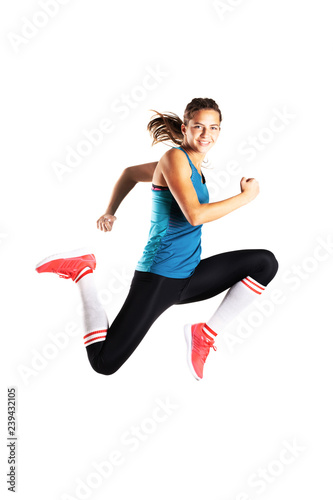 happy fit runner girl jumping