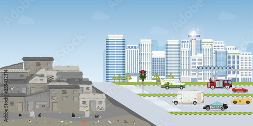 Contrast city between Landscape of slum city or old town slum and urban city landscape .