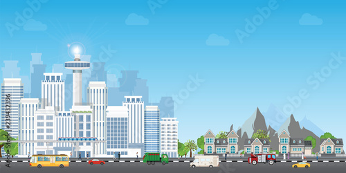 Landscape city with large modern buildings and suburb with private houses .