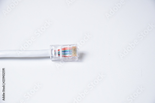 Wallpaper Mural Close up LAN head cable connect copy space on white background, rj45 top view Torontodigital.ca