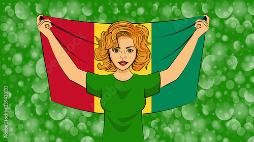 Blonde girl holding a national flag of Guinea
