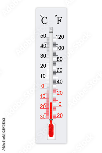 Meteorology thermometer isolated on white background. Thermometer shows air temperature minus 14 degrees celsius or plus 7 degrees fahrenheit