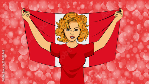 Blonde girl holding a national flag of Peru