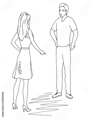 Man and woman quarrel graphic black white isolated sketch illustration vector