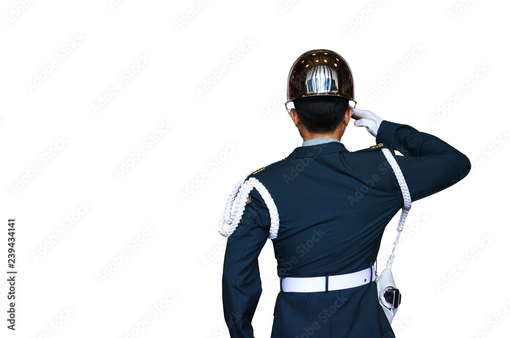 back view of Taiwan army soldier hand saluting, isolated on white background, copy space, clipping path