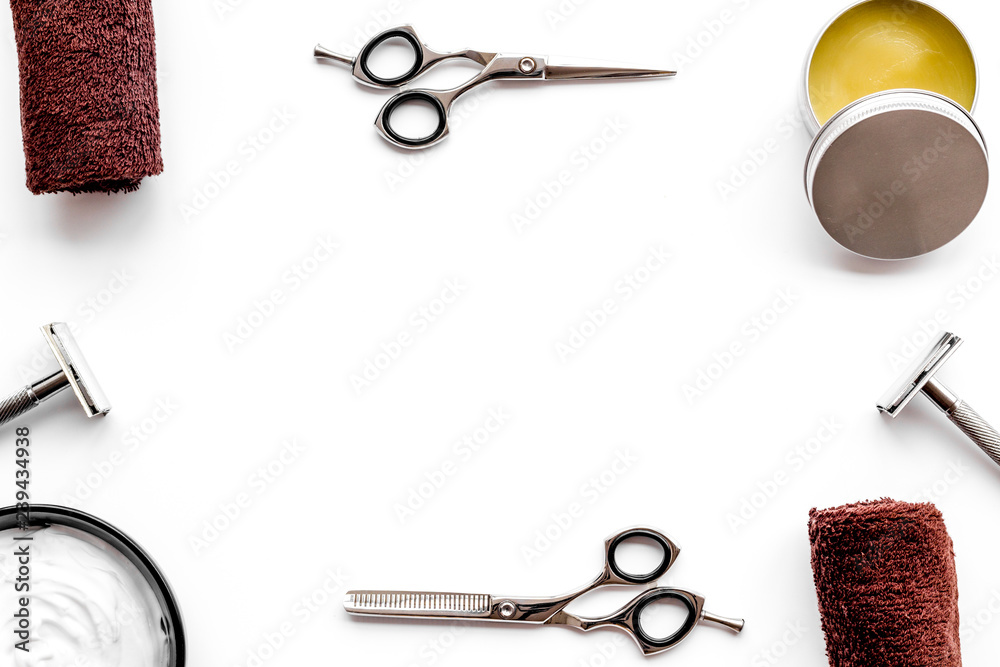 desk with tools for male care white background top view mock