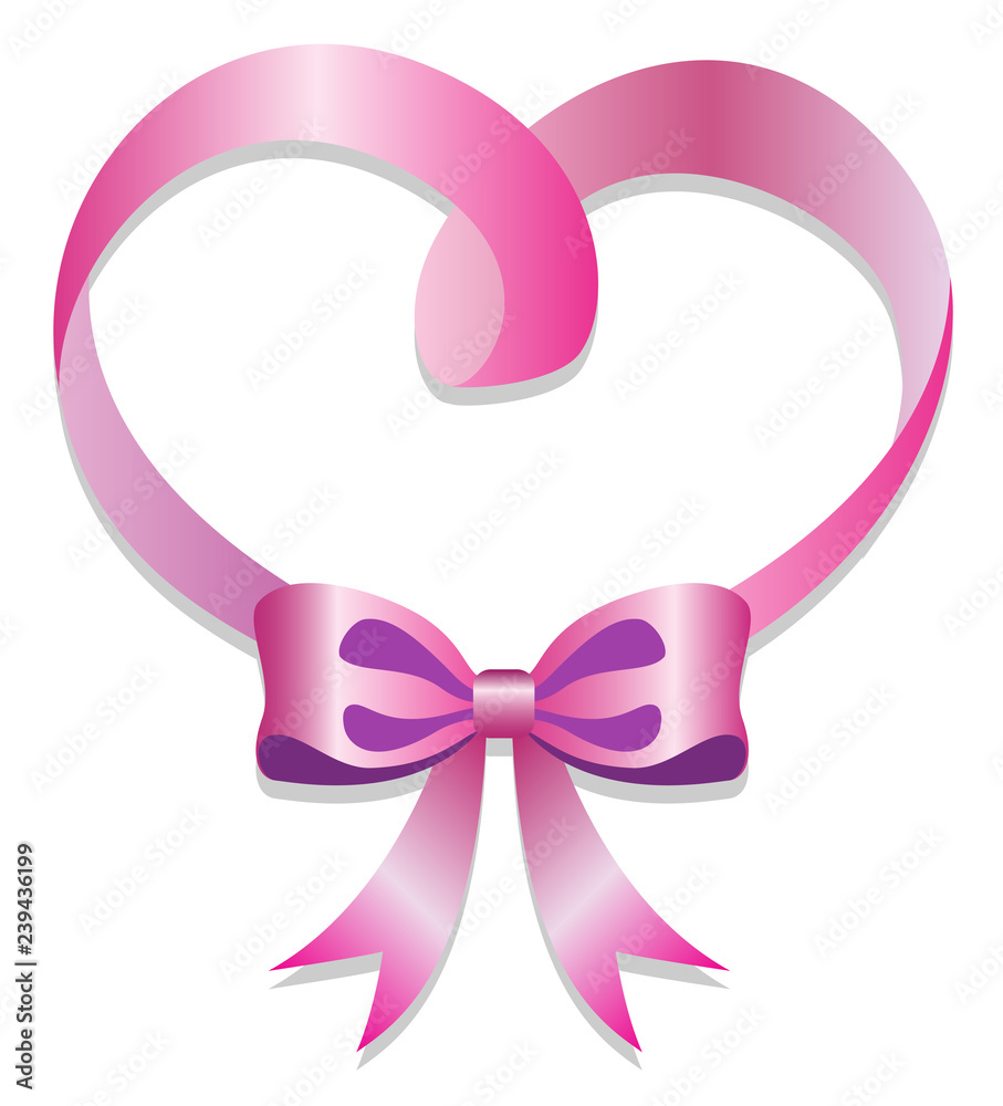 pink ribbon knot and heart on white background, vector draw gift love concept