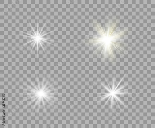 Set white and yellow luminous transparent light. Vector Christmas stars, a bright flash of light. Glitter element on isolated transparent background. With the possibility of overlay.