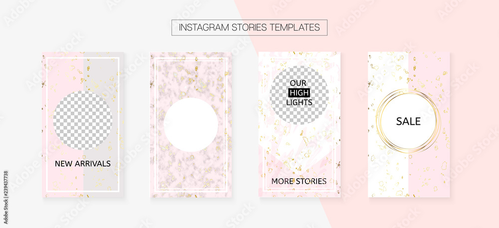Instagram Stories Cool Vector Layout. Invitation Phone Design Pack. Social Media Blogger Frame Set. Trendy App Kit, Pink White Gold Elegant Geometric Marble Patterns. Instagram Stories VIP Layout