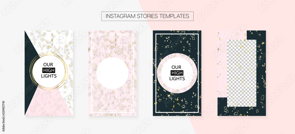 Instagram Stories Cool Vector Layout. Hipster App Kit, Pink White Gold Fashion Geometric Marble Patterns. Social Media Blogger Cards Set. Invitation Phone Design Pack. Instagram Stories VIP Layout