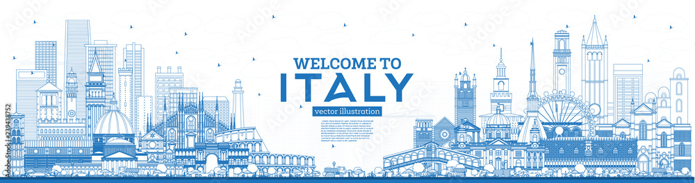 Outline Welcome to Italy Skyline with Blue Buildings.