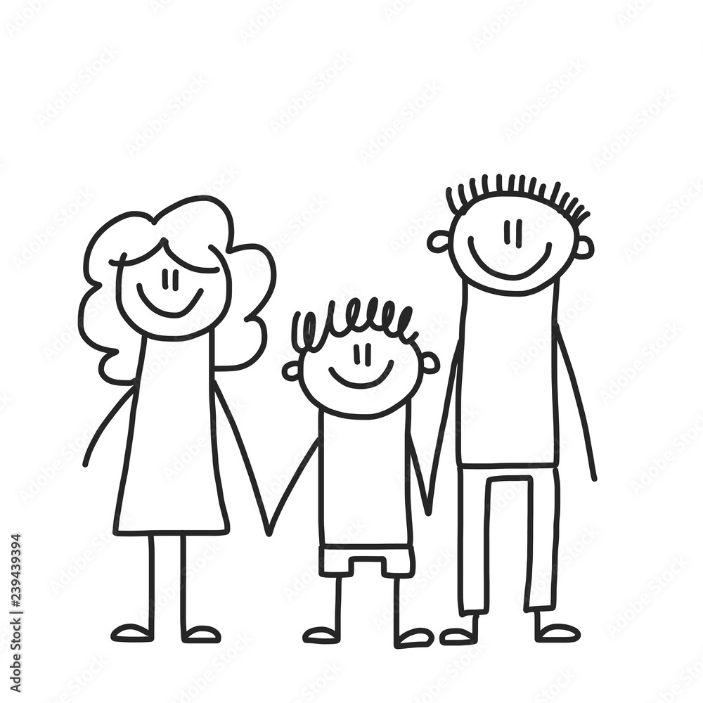 Happy family with children. Kids drawing style vector illustration. Mother, father, sister, brother. Happy family with children. Kids drawing style vector illustration. Mother, father, sister, brother.