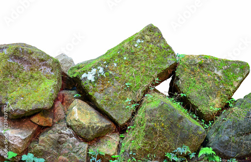 stack of different shape of stones covered with green moss, isolated on white background, clipping path photo