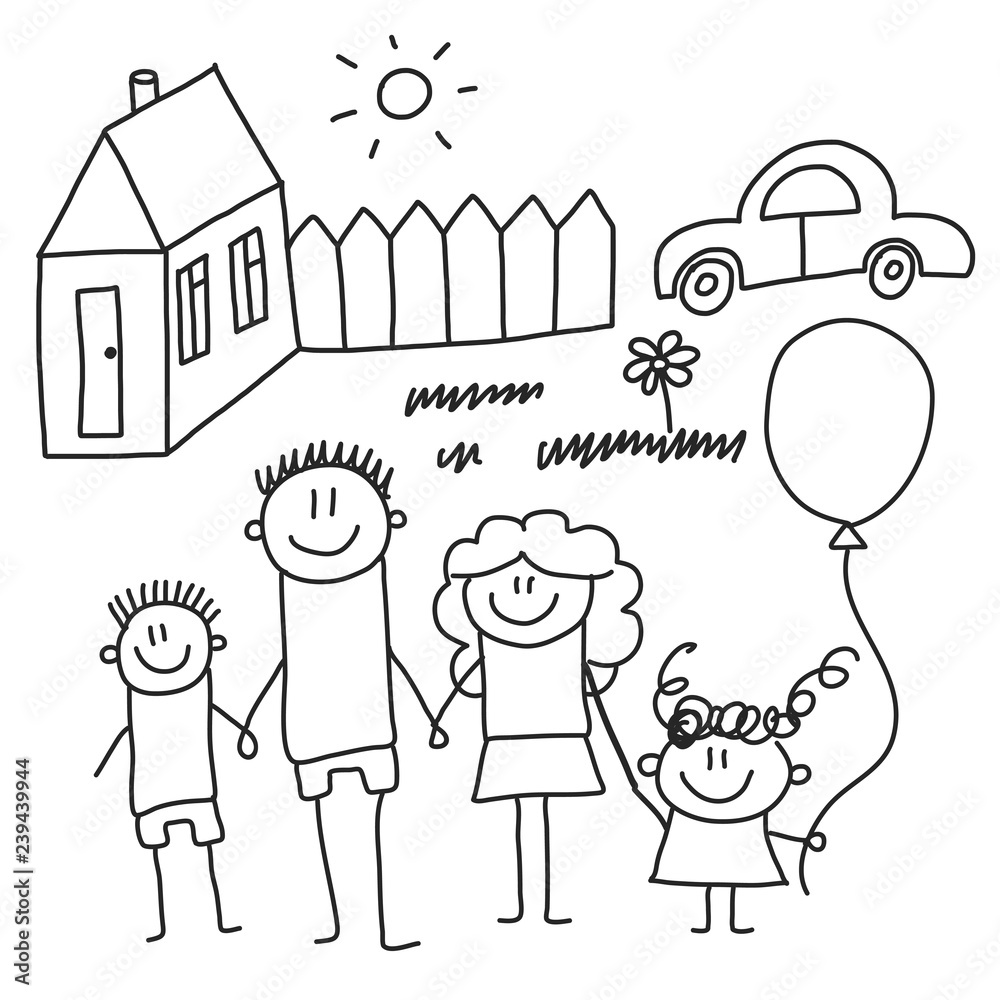 Obraz premium Happy family with children. Kids drawing style vector illustration. Mother, father, sister, brother.