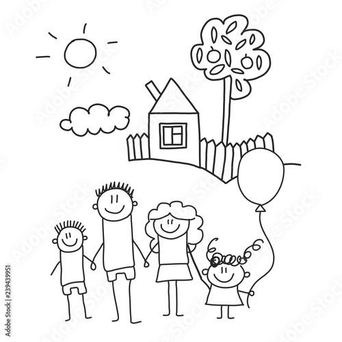 Happy family with children. Kids drawing style vector illustration. Mother, father, sister, brother.