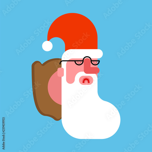 Santa hunting trophy. Claus head on wooden shield. Christmas new year illustration