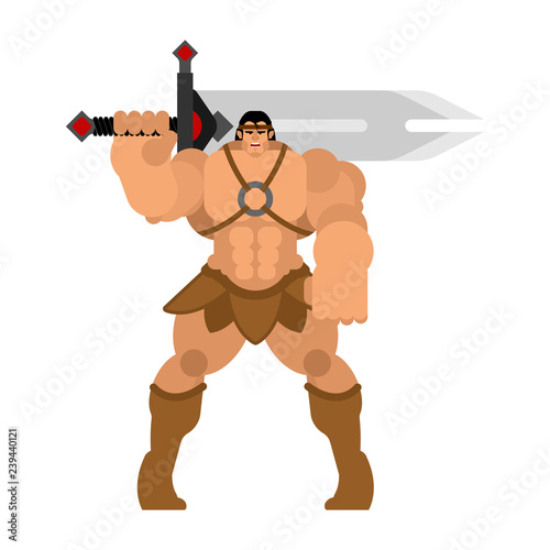 Barbarian with sword. Strong Warrior with weapons Big blade. berserk Brutal man. Strong Powerful Medieval Mercenary Soldier. Vector illustration