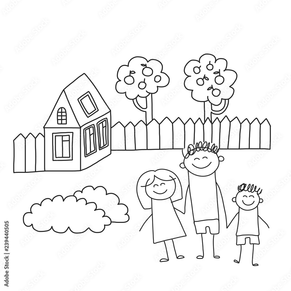 Happy family with children. Kids drawing style vector illustration. Mother, father, sister, brother. Happy family with children. Kids drawing style vector illustration. Mother, father, sister, brother.