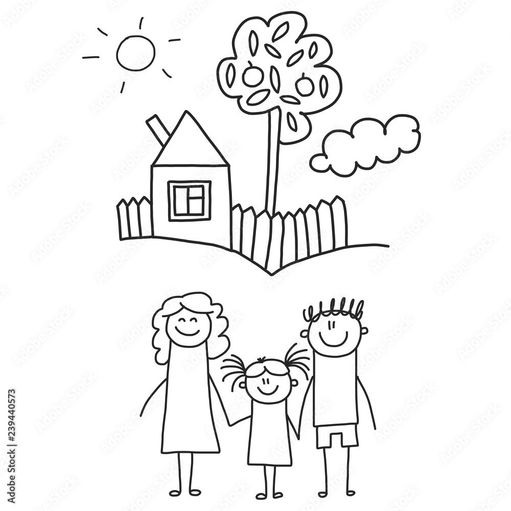 Happy family with children. Kids drawing style vector illustration. Mother, father, sister, brother. Happy family with children. Kids drawing style vector illustration. Mother, father, sister, brother.