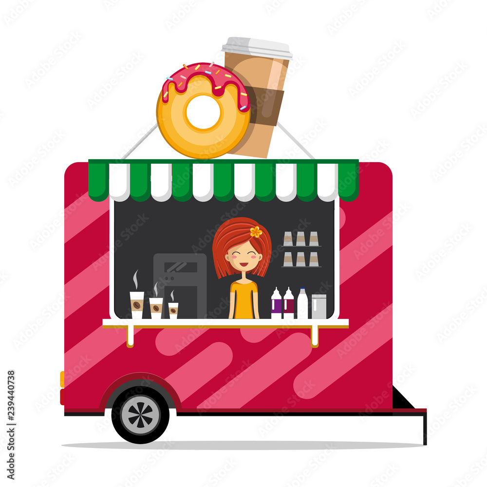 Naklejka premium Flat design vector illustration of Mobile car with coffee and donuts. coffee to go. isolated on white. take away
