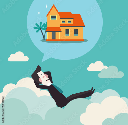 Relaxed and successful business man relaxing on clouds and dreaming about house. Saving and investing money. Future financial planning concept - Vector