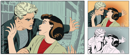 Man shouts at woman. People in retro style pop art and vintage advertising.