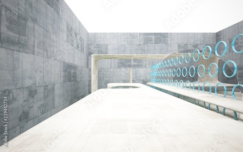 Empty dark abstract concrete smooth interior with blue water . Architectural background. 3D illustration and rendering