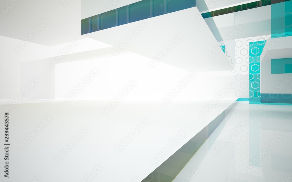 Obraz premium abstract architectural interior with white sculpture and geometric gradient glass lines. 3D illustration and rendering