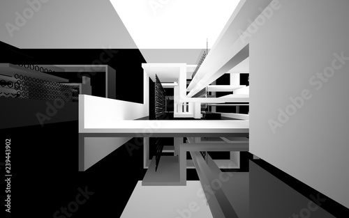 Streszczenie białe wnętrze przyszłości z błyszczącą czarną ścianą i podłogą. Ilustracja i renderowanie 3D