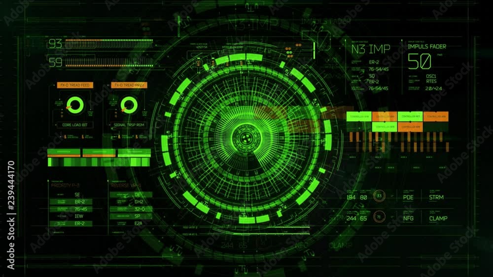 Sci-fi background with holographic green HUD rotating on dark virtual screen with digitally animated interface Sci-fi background with holographic green HUD rotating on dark virtual screen with digitally animated interface