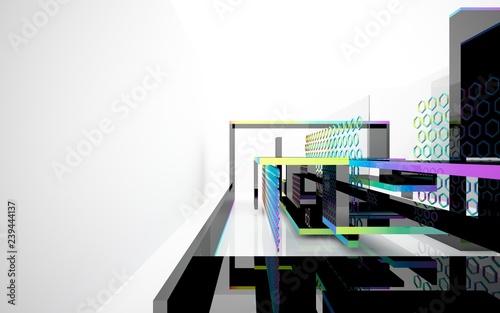 Fototapeta Naklejka Na Ścianę i Meble -  Abstract white interior of the future, with glossy black sculpture and colored gradient lines. 3D illustration and rendering
