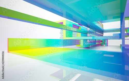 Abstract dynamic interior with gradient colored objects. 3D illustration and rendering