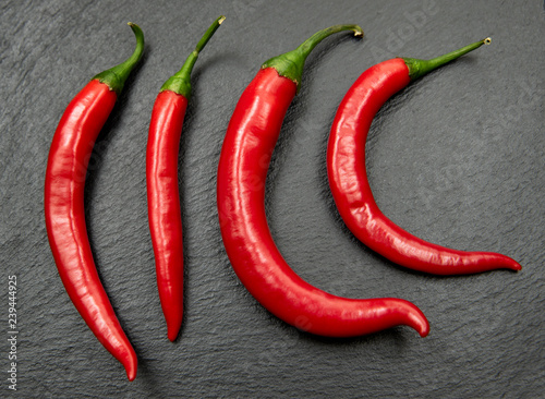 Red chili peppers in a row. Spicy ingredients on dark background
