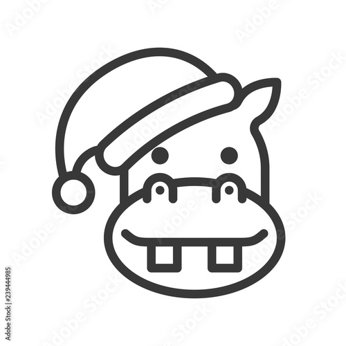 hippo wearing santa hat outline icon editable stroke