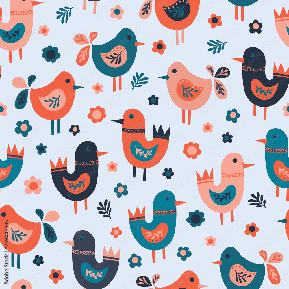 Seamless vector pattern cute doodle birds and flowers. Scandinavian flat style birds red, blue, pink. Use for fabric, kids decor, covers, easter, kids birthday, childrens wear, nursery, wrapping.