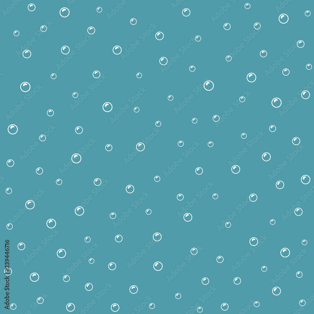 Seamless pattern of white rising air bubbles on blue backdrop. Abstract water background. Vector illustration.