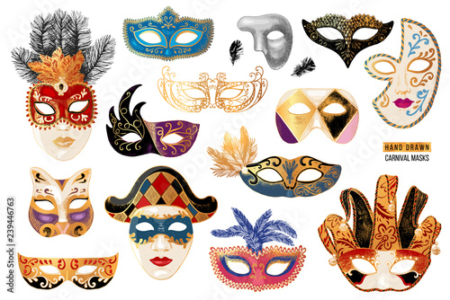 Obraz na plátně Hand drawn venetian carnival masks collection