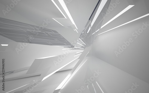 Abstract white interior of the future, with neon lighting. 3D illustration and rendering