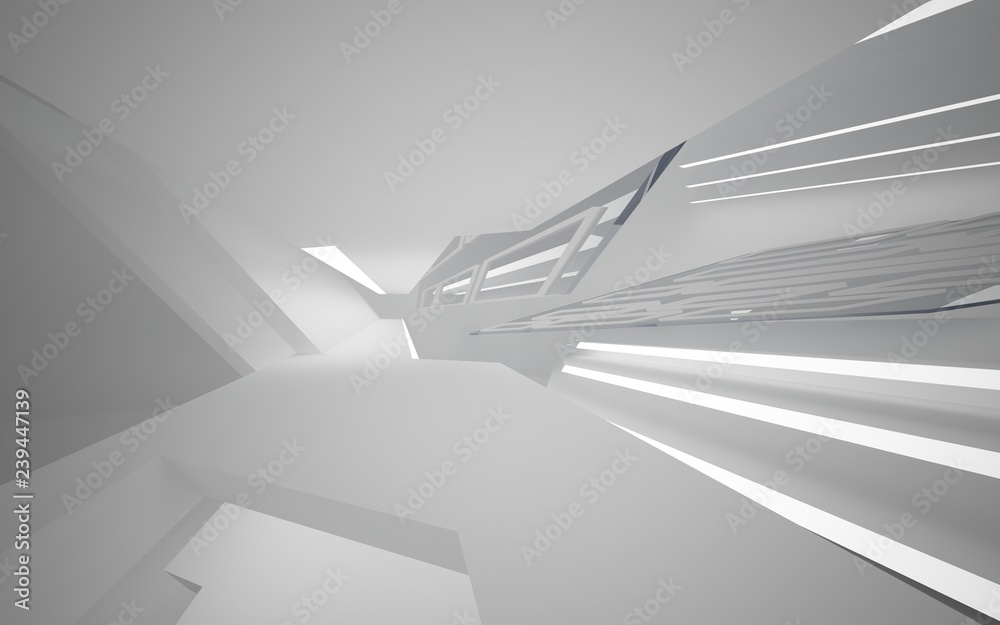 Abstract white interior of the future, with neon lighting. 3D illustration and rendering