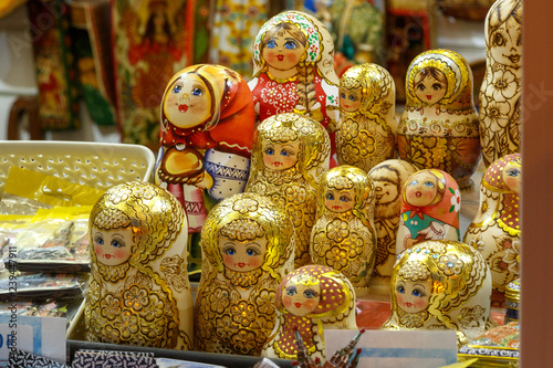 Moscow, Russia, December 4, 2018: Big range of Matreshka-dolls (traditional Russian wooden toys) in the store © Ruslan Gilmanshin