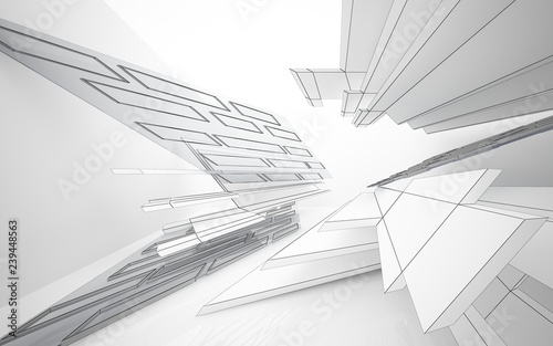 Abstract white interior highlights future. Polygon drawing . Architectural background. 3D illustration and rendering