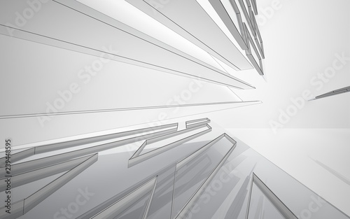 Abstract white interior highlights future. Polygon drawing . Architectural background. 3D illustration and rendering