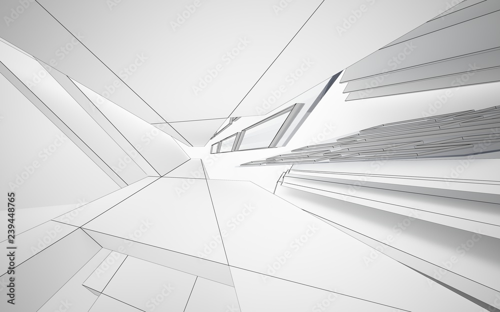 Abstract white interior highlights future. Polygon drawing . Architectural background. 3D illustration and rendering