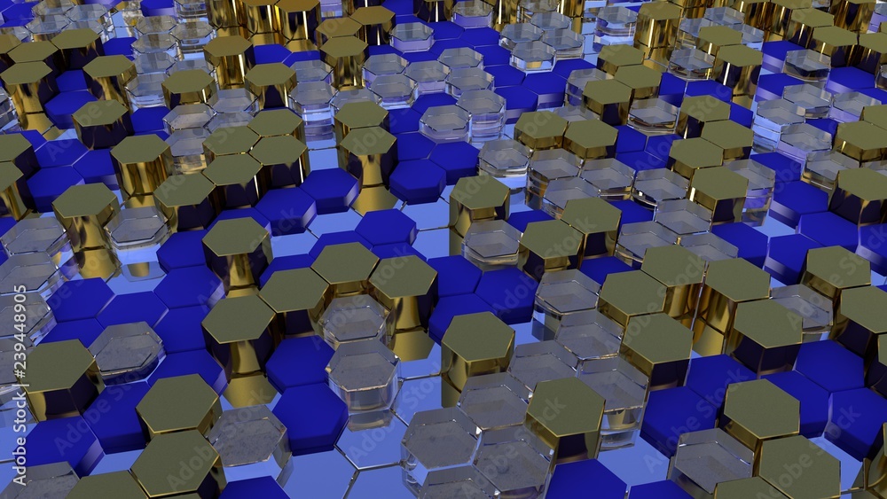 Fototapeta premium Abstract gold and blue hexagon geometric surface. 3d render