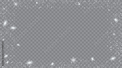Glitter snowflakes background. Bbright, White, Shimmer, Glowing, Scatter, Falling on a Transparent background. Holiday frame for New Year greetings.