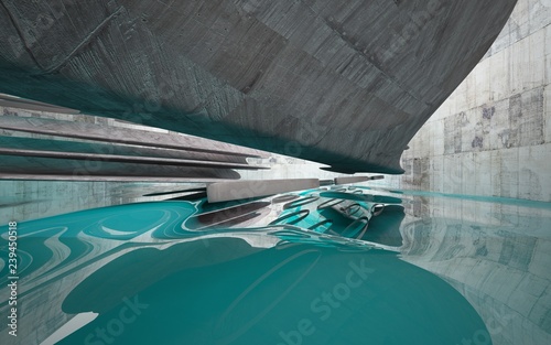 Empty dark abstract concrete smooth interior with blue water . Architectural background. 3D illustration and rendering © SERGEYMANSUROV